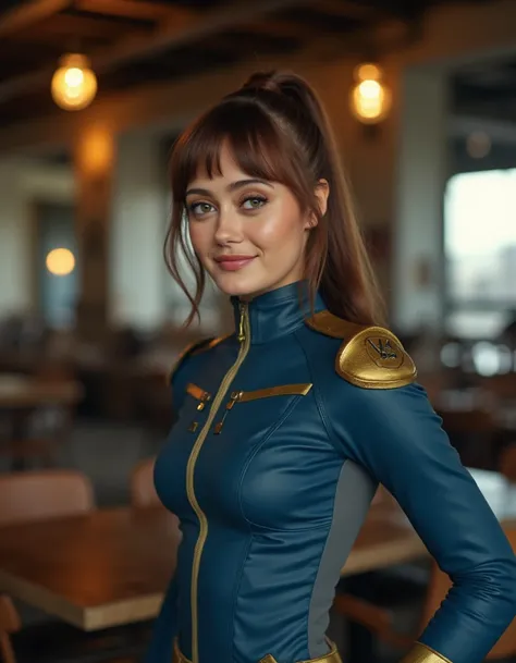 <lora:Ella_Purnell_Flux:1>  beautiful detailed photograph,  brown hair ponytail with loose strands framing her face, wearing a  Vault tech blue and gold color latex vault suit, standing in a ruined cafe looking at the viewer, smiling