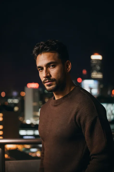 closeup photo of a man wearing fitted sweater, facial hair, blurred city skyline, urban rooftop, twilight, natural light, city lights, subtle backdrop, intense and introspective mood, skin texture, modern (rugged:0.4) aesthetic, thoughtful expression, crop...