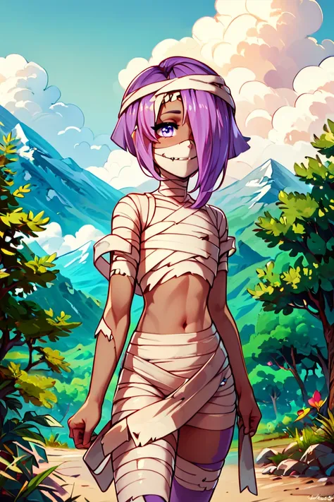 score_9, score_8_up, score_8,   BREAK, , zzDaimon, purple hair, purple eyes, mummy, colored skin, bandages,  grey skin,  <lora:Daimon_AFKArena_PDXL:1.0>, , BREAK, looking at viewer, smile, outdoors, sky, day, cloud, tree, blue sky, mountain, cowboy shot, ,...