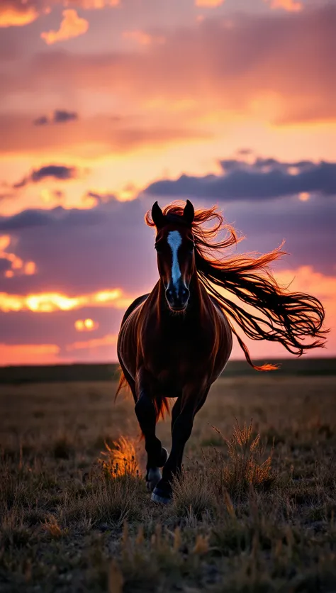 Volumetric Lighting, long shot scenic professional photograph of A regal stallion gallops across an open plain at dusk, its mane and tail flowing wildly in the wind. The sun sets behind it, casting long shadows and painting the sky in vivid shades of orang...