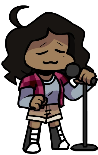 beauty mark below their left eye, light gray shirt with a short sleeved maroon flannel on top, sunday, hort black curly hair with a crescent shaped ahoge, black sneakers., beige shorts, magenta and purple check shirt, short black curly hair with a crescent...