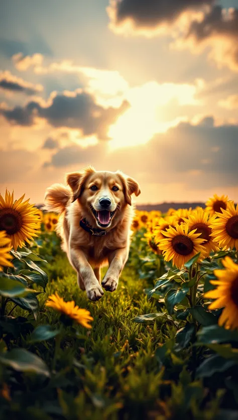 Volumetric Lighting, long shot scenic professional photograph of A golden retriever runs joyfully through a field of sunflowers at dawn, the early morning light casting a golden glow across the scene. The dogâs fur matches the vibrant yellow flowers as i...