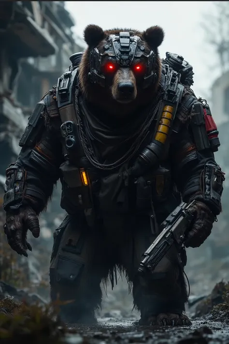 A towering cyber-enhanced bear, Brutus the Cyber-Bear, stands in a desolate, dystopian wasteland. His rugged tactical gear, scavenged and enhanced with advanced tech, glistens under the harsh, artificial light. His helmet, with neural interfaces, casts a r...