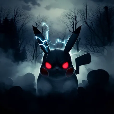 source_anime, source_game, score_9, score_7_up, (CR33P1NGF0G, fog), (no humans), 1 pokemon, (Pikachu), pikachu from pokemon, pokemon_(creature), (electricity), (tail), face hidden, partially obscured, red eyes, glowing eyes, (foggy), (haze), eerie, creepy,...