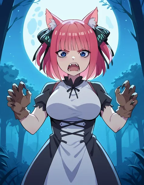 score_9, score_8_up, score_7_up, source_anime, <lora:nnakano-s2-ponyxl-lora-nochekaiser:1>, short hair, bangs, blue eyes, hair ornament, hair ribbon, pink hair, blunt bangs, two side up, butterfly hair ornament, large breasts,, <lora:werewolf-ponyxl-lora-n...