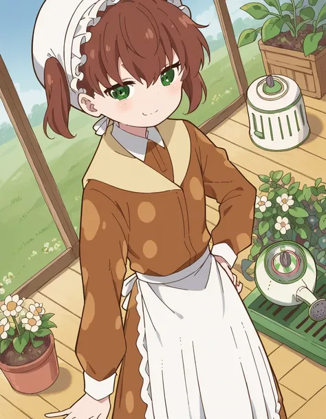 score_9, score_8_up, score_7_up, source_anime, <lora:nae-saikawa-s2-ponyxl-lora-nochekaiser:1>, nae saikawa, bangs, brown hair, hair between eyes, twintails, green eyes,, skirt, shirt, long sleeves, hat, collared shirt, apron, white headwear, polka dot, wa...