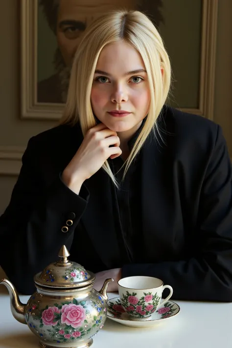 ElleFanning sitting at a table in a black jacket, teapot, teacup