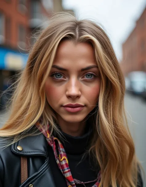 a beautiful woman, blue eyes, blonde  hair, freckles,wearing street wear, side walk, newyork  <lora:saige_toohey_dev_f1:1>