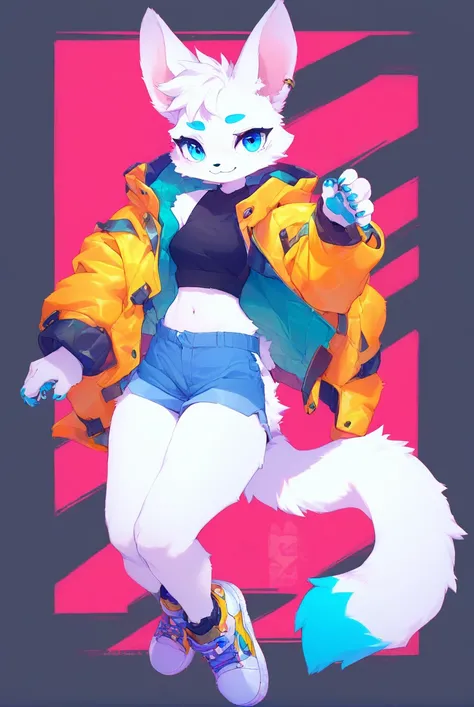 1girl, furry female, furry, white body fur, solo, blue eyes, shirt, shoes, tail, animal ears, jacket, navel, shorts, sleeveless shirt, zPDXL