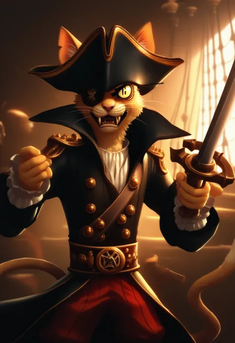 p5style, cel shaded, safe_pos, score_9, score_8_up, score_7_up,  1boy, pirate captain, cat, solo, anthro, evil, fangs, eyepatch, holding, sword, pirate ship