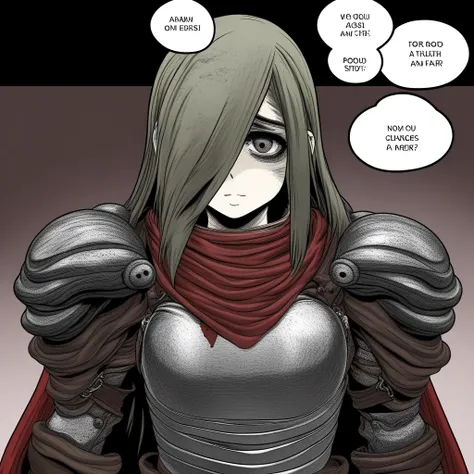 shoulder armor, english text, blood, ?, armor, weapon, 1girl, looking at viewer, speech bubble