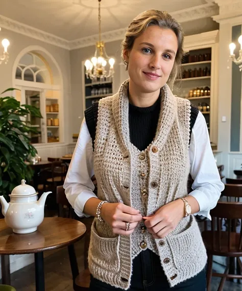 photo of bekeluebben, Knit Vest at Tea Room, <lora:bekeluebben:1>