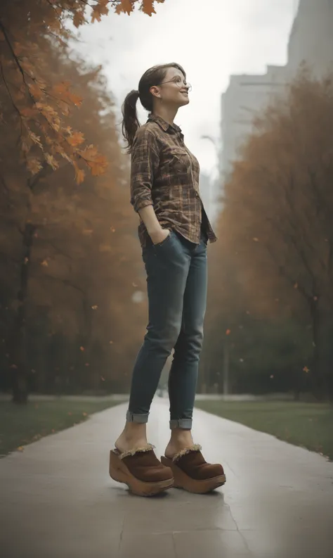 score_9, score_8_up, score_7_up, score_6_up, source_anime,
low angle, from below, from side,
autumn, outdoors, park,
1girl, 
walking, arms out, looking up, happy,
flannel shirt, jeans, round glasses, ponytail, brown hair,
sherpa clogs, platform footwear,
e...