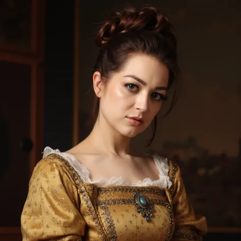 a baroque portrait of a TF0 woman with her dark brown hair in a braided bun, wearing an ellaborate conservative dress