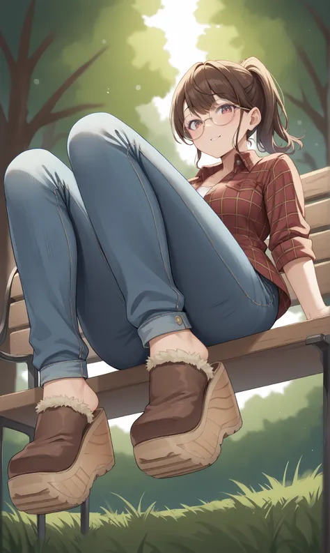 score_9, score_8_up, score_7_up, score_6_up, source_anime,
low angle,
autumn, outdoors, park bench,
1girl, 
sitting,
flannel shirt, jeans, round glasses, ponytail, brown hair,
sherpa clogs, platform footwear,
embedding:zPDXLrl ,
embedding:zPDXL2 ,