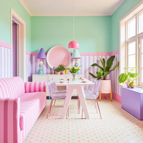 Pastel Dream Dining Room
An enchanting dining room that blends soft pastels in a multicolored palette. The walls alternate between stripes of mint green and lavender, while the polka dot floor adds texture with light pink and sky-blue dots on a cream backg...