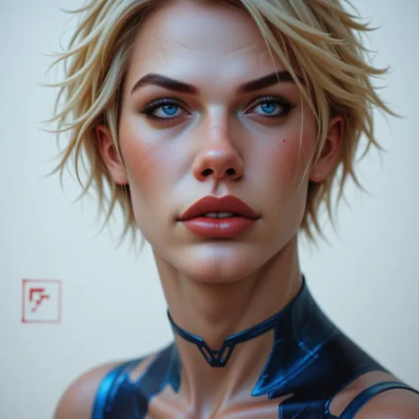 This is a highly detailed, realistic digital painting of a young woman with a futuristic, cyberpunk aesthetic. She is depicted from the shoulders up, with a focus on her upper body and head. Her skin tone is fair, and she has short, tousled blonde hair sty...