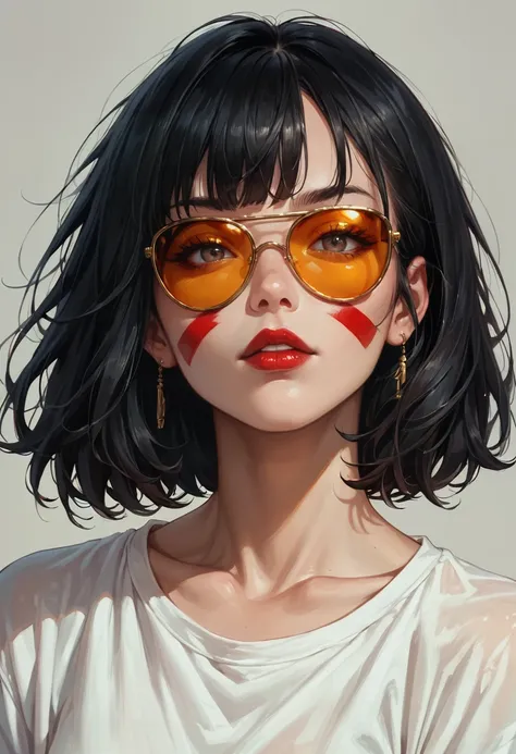 score_9, score_8_up, score_7_up, score_6_up, Portrait of a woman, face painted completely white like a geisha, red lips, golden sunglasses, messy straight black hair with bangs, hyper detailed,