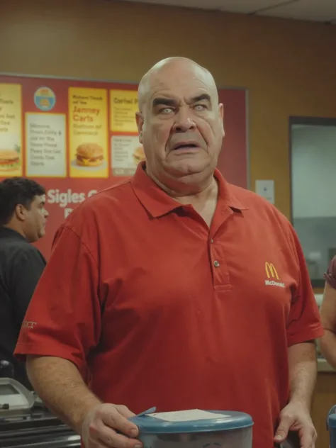 Daniel Clay man, standing in a McDonalds restaurant behind the counter working as a cashier, wearing a McDonalds uniform, color photo, high quality, highly detailed, bald, 