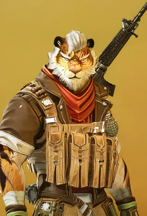 <lora:Norman_-_Wild_Assault:1>, Norman, tiger, anthro, solo, muscular male, bara, furry, white hair, scar across eye, scar, bandana, beard, facial hair, smirk, tiger tail, holding weapon, assault rifle, close up, cowboy shot, desert background, palm trees