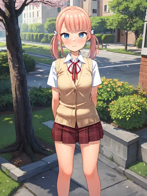 <lora:ST_Tsuttsu_0R:0.9>, tsuttsu
pink hair, long hair, twintails, blue eyes
(blue sweater vest:1.2), white shirt, red ribbon, short sleeves, (red skirt:1.2), plaid skirt
masterpiece, best quality, ultra-detailed, detailed, detailed skin, absurdres, 8k, di...