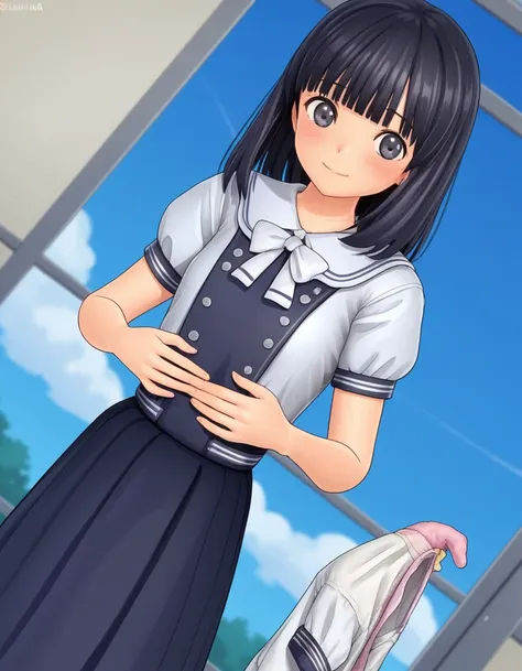 score_9, score_8_up, score_7_up, source_anime, <lora:rinze-himenogi-ingame-ponyxl-lora-nochekaiser:1>, rinze himenogi, bangs, black hair, blunt bangs, black eyes, 3d, skirt, dress, school uniform, short sleeves, puffy sleeves, black dress,, laundry day, cl...