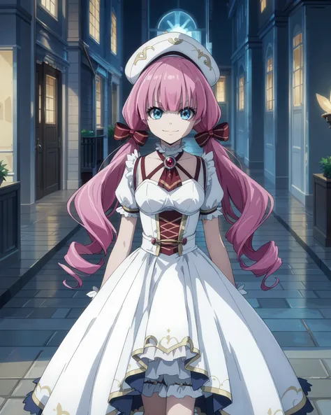 score_9, score_8_up, score_7_up, anime screencap, anime coloring, <lora:ProfessorSLV1:1>, ProfessorSL, pink hair, blue eyes, hat, long hair, 1girl, solo, evil smile, white dress, looking at viewer,