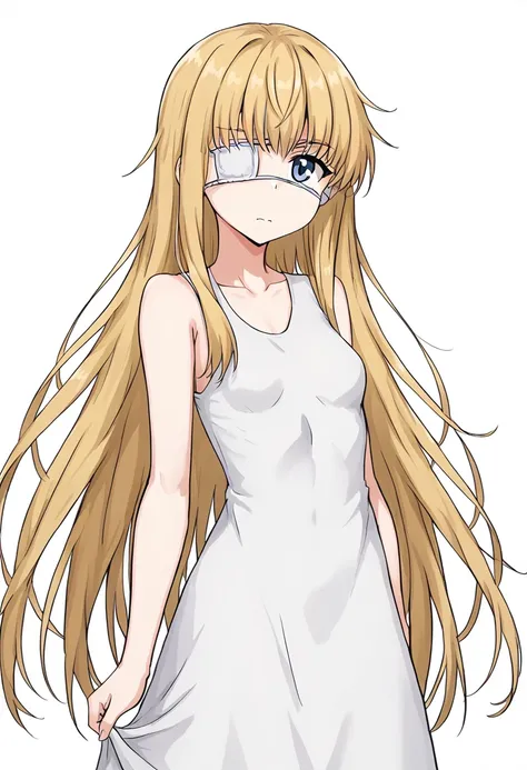 score_9, score_8_up, score_7_up, source_anime,  TweedledeeBS2, long hair, very long hair, breasts, small breasts, blonde hair, blue eyes, medical eyepatch, collarbone, sleeveless dress, sleeveless, bare shoulders, white dress, bangs, dress, eyepatch, <lora...