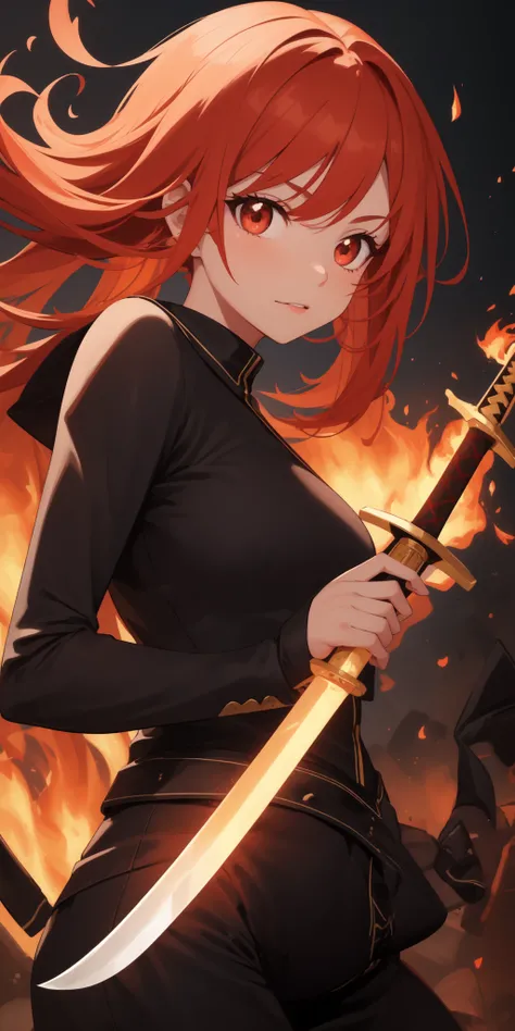 1girl,red hair, flaming eye, sword, holding sword, flames, burning houses, glowing, sidelighting, wallpaper,