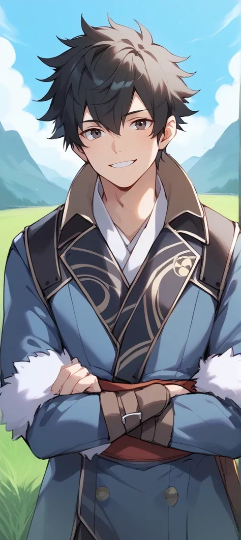 1boy,solo,male focus,lonqu,black hair,smile,upper body,black eyes,fur trim,jacket,blue jacket,outdoors,grass,front view