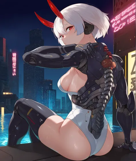 masterpiece, best quality, very aesthetic,gloss, source_anime,outdoors,city,cityscape, neon lights,  cyberpunk,water,
BREAK
1girl, solo, red eyes, short hair, looking at viewer, from behind, science fiction, white hair, looking back, android, robot joints,...