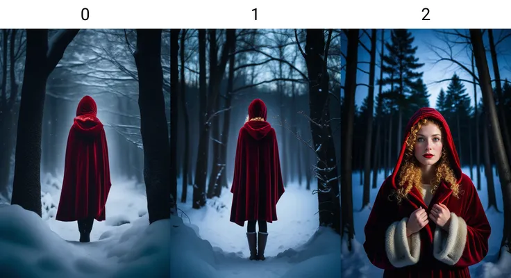 A lone woman standing in the snow at night. She is wearing a red velvet hood. You see peeks of her golden curly hair. Her eyes are glowing and the dark forest branches look like they could suffocate you at any moment. <lora:sdxl_enhance:0>