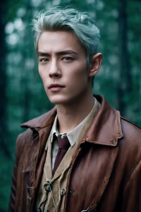 (absurdres, highres, ultra detailed), 1boy, male focus, adult, handsome, broad shoulders, white hair, finely detailed eyes, portrait, looking at viewer, solo, half shot, detailed background, detailed face, (steampunk industrial), smirk, renegade, rugged da...