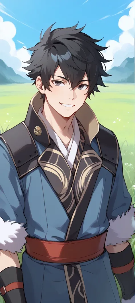 1boy,solo,male focus,lonqu,black hair,smile,upper body,black eyes,fur trim,jacket,blue jacket,outdoors,grass,front view