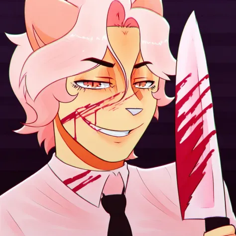 knife, cat ears, pants, weapon, holding, blood, solo, animal ears, shirt, male focus, smile