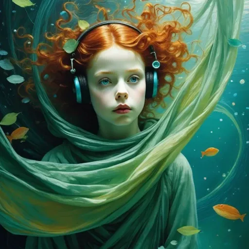 underwater effect., light green garment that resembles a gown, partially obscuring her face. Her skin has a pale, armor, a prominent nose, giving off a warm, closed mouth This image is a highly detailed, created in a hyper-realistic style, digital painting...