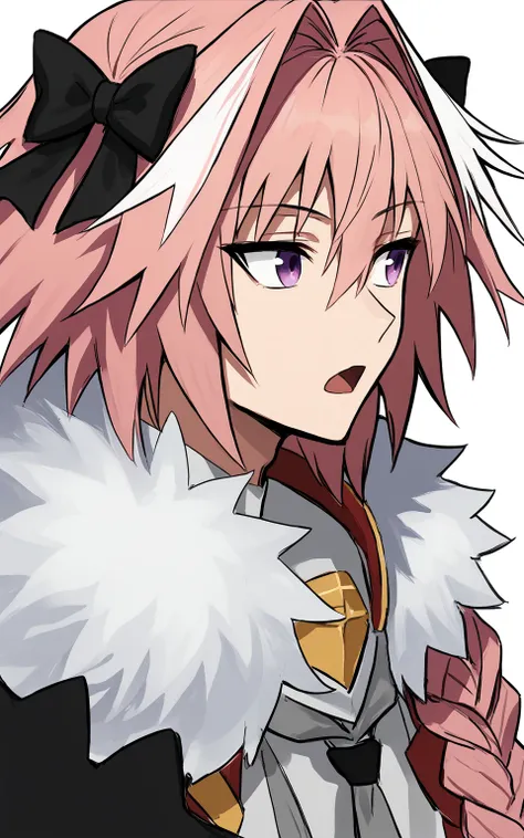 score_9, tsurime,
tsurime, 1boy, astolfo (fate), black bow, black ribbon, bow, braid, fur collar, fur trim, hair between eyes, hair bow, hair intakes, hair ribbon, long hair, looking to the side, multicolored hair, open mouth, otoko no ko, pink hair, portr...