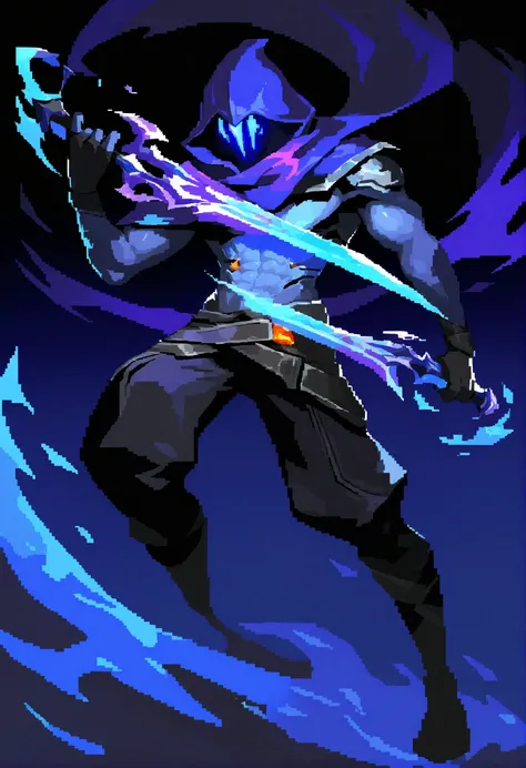 1boy, male focus, (valorant:1.1), 
rella, 
detailed painting, oil painting, pixel art, omen, solo, holding, holding knife, holding weapon, purple scarf, scarf, pants, hood, hood up, knife, weapon, glowing, dagger, dark magic, flame, purple skin, muscular, ...