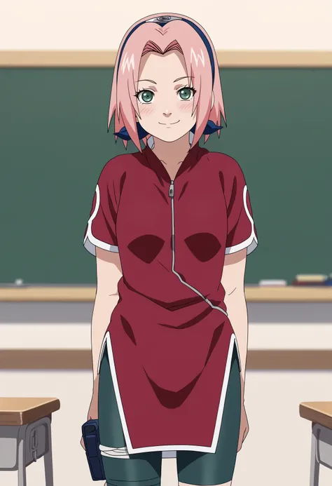 score_9, score_8_up, score_7_up, anime screencap, BREAK,
1girl, haruno sakura, pink hair, short hair, green eyes, red shirt, red qipao, short sleeves, bike shorts,
smile, blush, solo, looking at viewer, standing, cowboy shot, classroom background,  <lora:S...