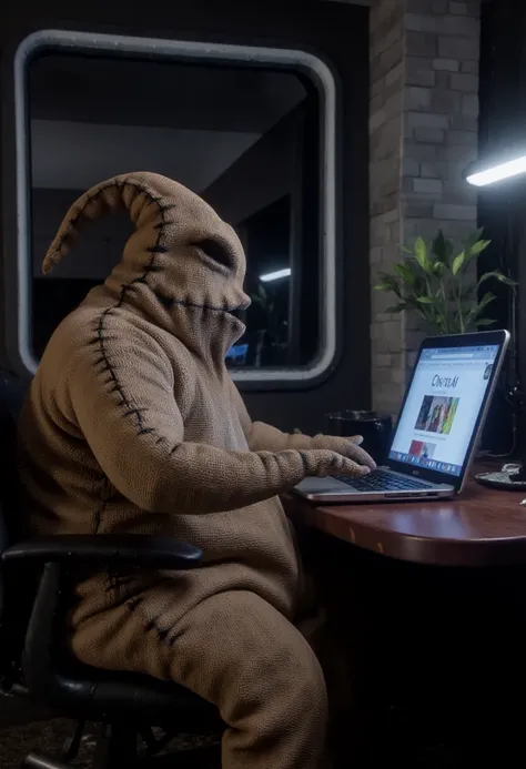 <lora:Oogie_Boogie_The_Nightmare_Before_Christmas_FLUX-000029:1.0>
Realistic photo of Oogie Boogie, a humanoid, burlap, sack-like creature, sitting on an office chair, typing on a laptop keyboard. There is a website visible on the laptop screen: "CivitAI".