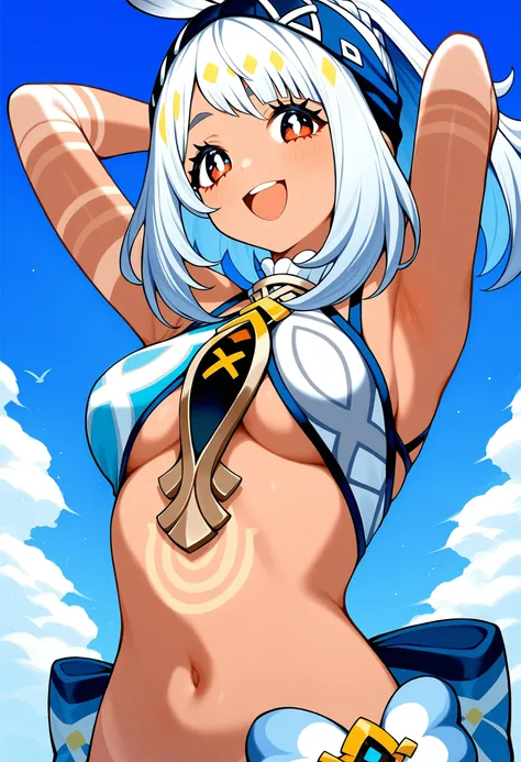 masterpiece, best quality, good quality,
1girl, mualani (genshin impact), solo, blue sky, sky, outdoors, smile, arms up, armpit, medium breasts, open mouth,