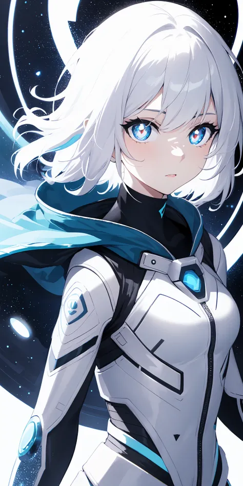 1girl, white hair, symbol-shaped pupils, space goddess, galaxy, light particles, light rays, wallpaper, high contrast, colorful