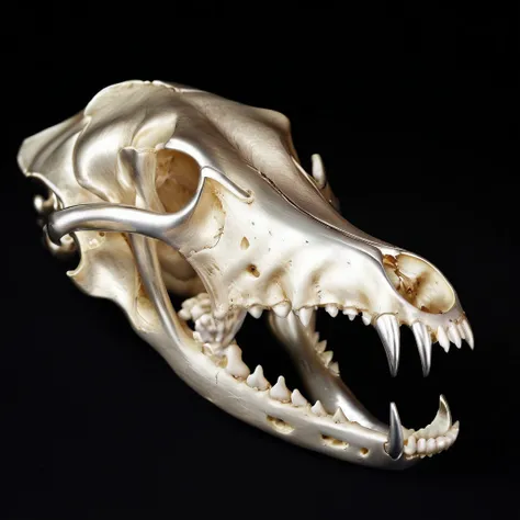 wlfskll, animal skull, open mouth, made of silver