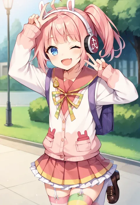 score_9,score_8_up,score_7_up,source_anime,masterpiece,best quality,game cg,1girl,solo,little_girl,petite,meu_meu,blue eyes,pink hair,side ponytail,headphones,fake animal ears,animal ear headphones,ahoge,multicolored clothes,school uniform,long sleeves,pur...