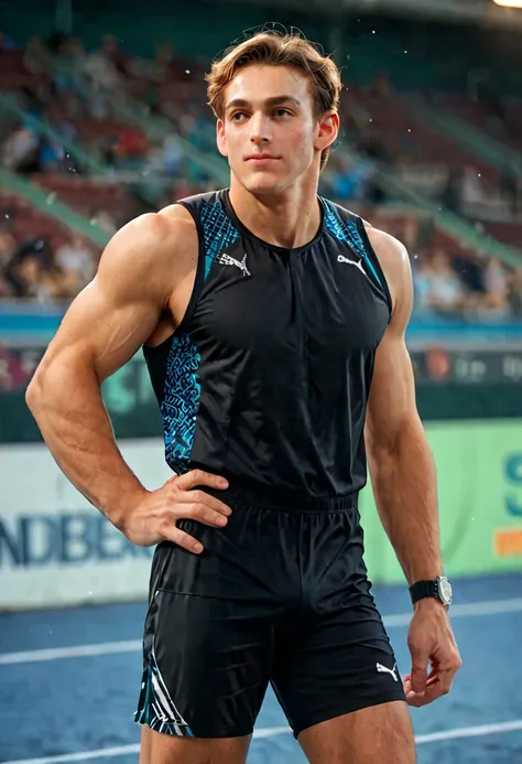 score_9, score_8_up, score_7_up, score_6_up, mondoduplantis, 1boy, male focus, solo, watch, brown hair, blurry background, wristwatch, sportswear, blurry, sleeveless, hand on hip, shorts, shirt, blake alexander