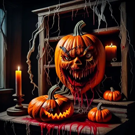 musty room, blood on fangs, in mouth is severed hand, tendrils around pumpkin, bookcase with lit candle, dark room lit with candles, old wooden table