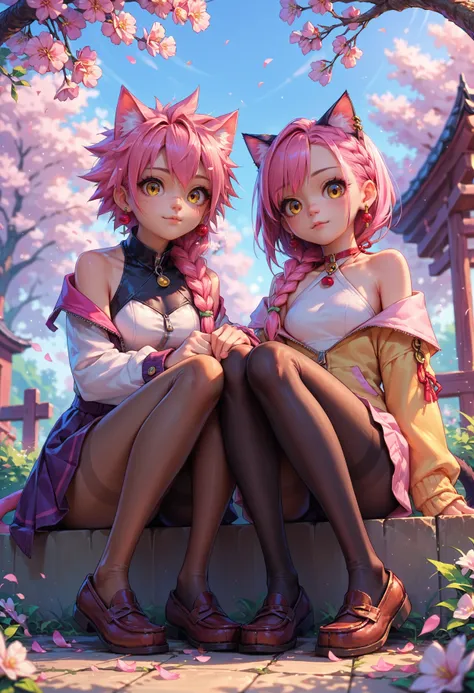 score_9,score_8_up,score_7_up,source_anime, cute, 2girls, cat ears, pink hair, yellow eyes, braid, spiked hair, halterneck, loafers, zipper, earrings, cherry blossoms, pantyhose, thighhighs, sitting