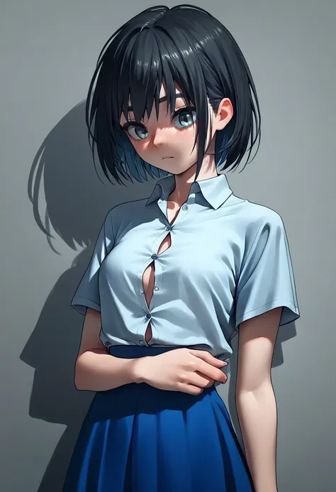 score_9, score_8_up, score_7_up, score_6_up, rating_questionable, score_4_up, anime, (tsunbeji style), button shirt, blue skirt, black hair,