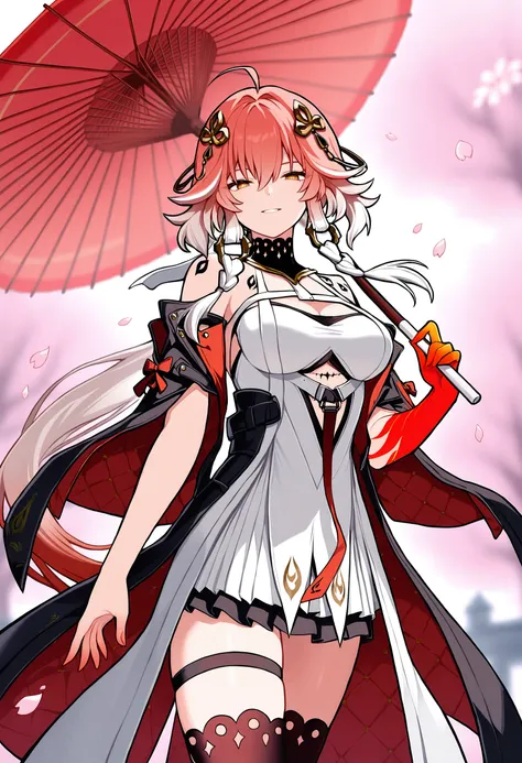 masterpiece, best quality, good quality,
1girl, changli (wuthering waves), ahoge, holding, holding umbrella, oil-paper umbrella, umbrella, smile, looking at viewer, petals, sakura, red hands, colored extremities, standing, thighhighs, thighs, thigh strap, ...