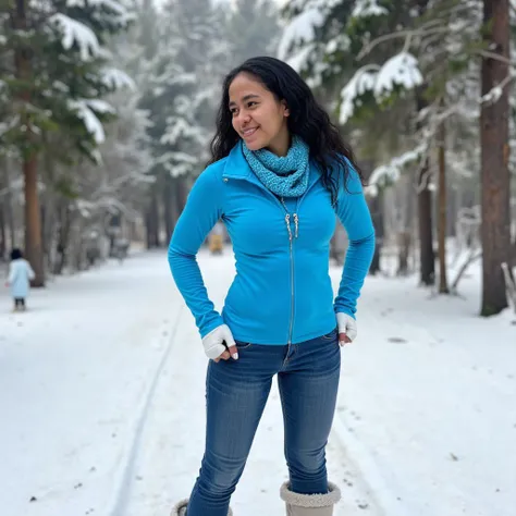 In the heart of a serene winter forest, a Tahitian woman stands gracefully amidst a gently falling snow, her radiant smile a striking contrast to the soft, white landscape. She is clad in a stylish blue ski jacket that hugs her form, its vibrant color popp...